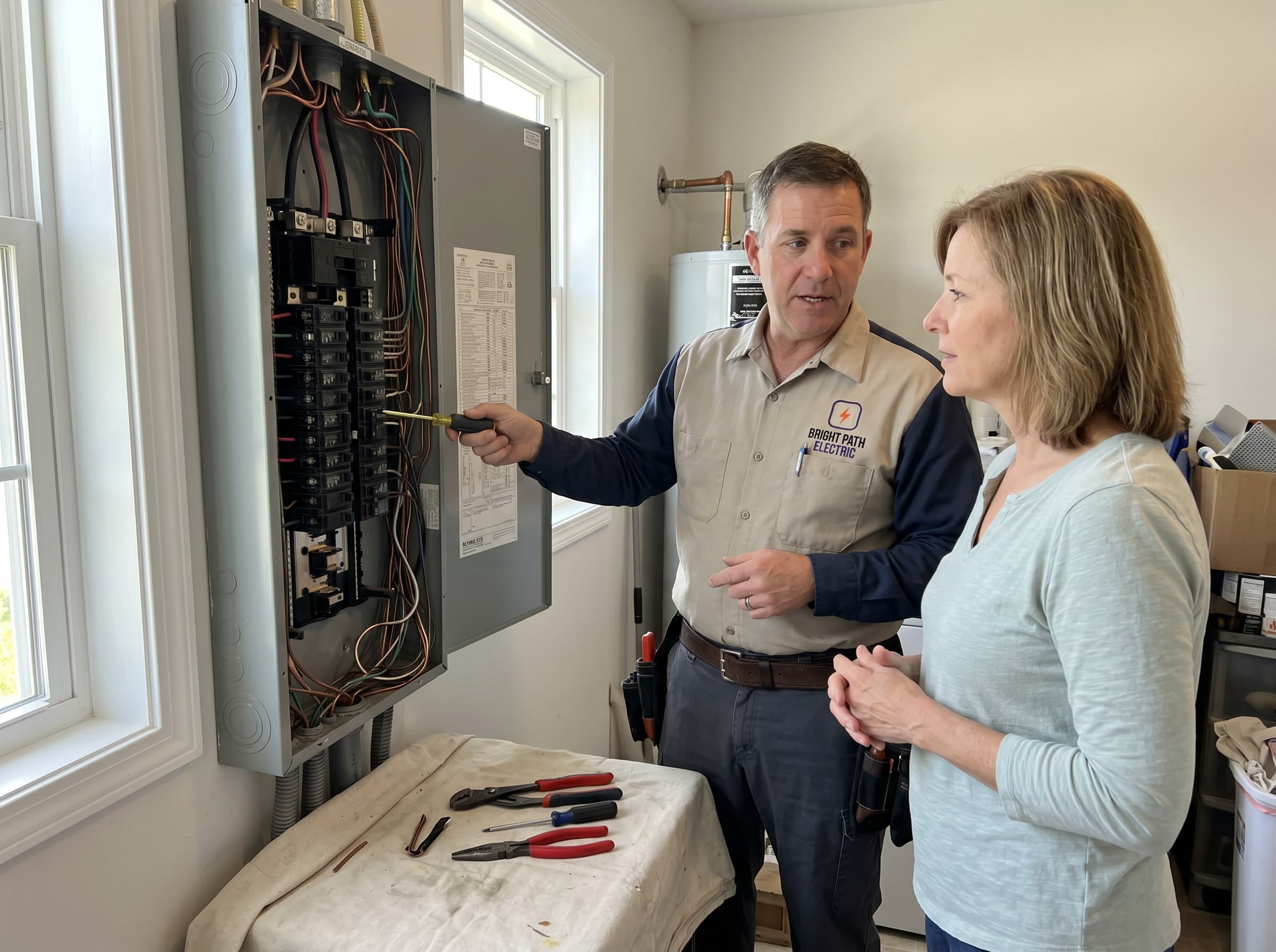 Electrician at a panel, Raleigh job site
